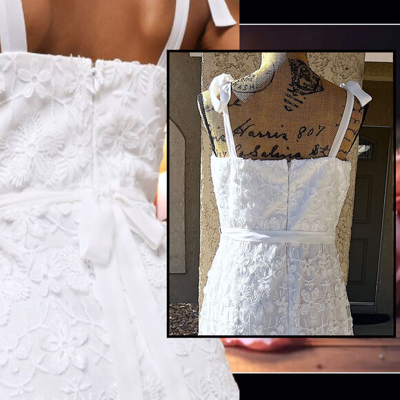 Lulus Striking Perfection White Embroidered Sequins Tie-Strap Midi Dress Size: L - Picture 5 of 14